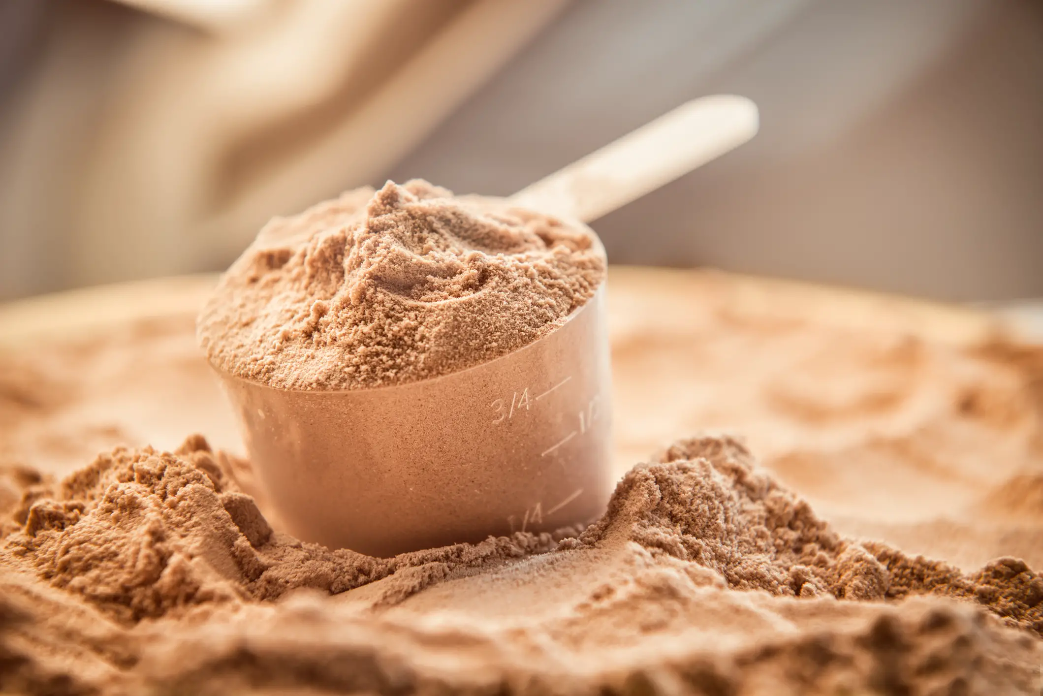A scoop of chocolate whey isolate protein used to help get a six pack