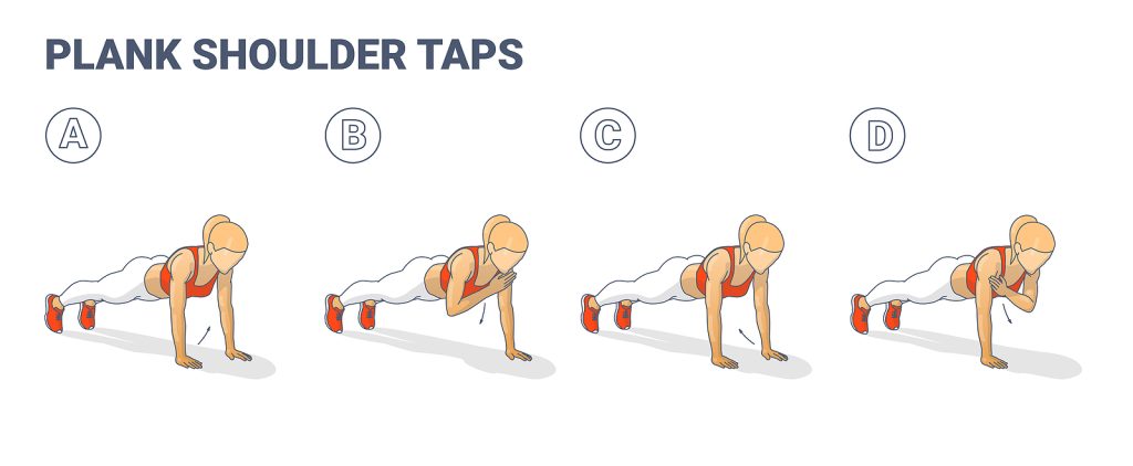 Girl Doing Plank Shoulder Taps Workout Exercise Guide. Woman Doi