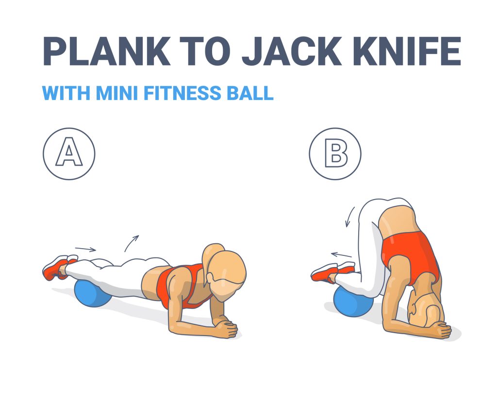 Girl Doing Plank to Twist Jack Knife with Mini Fit Ball Home Workout Exercise Guidance Illustration