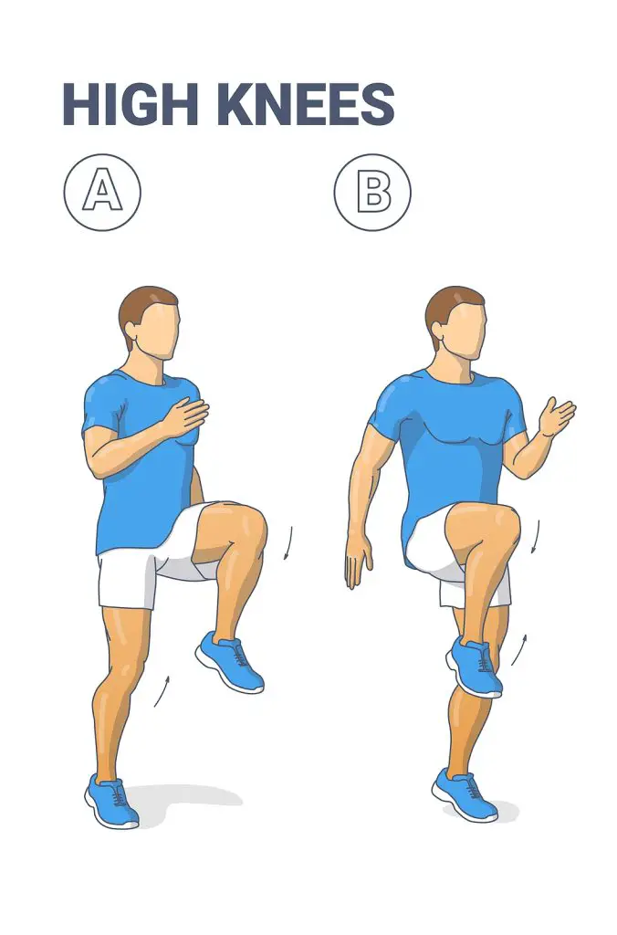 Man Doing High Knees. Front Knee Lifts. Male Jogging On The Spot